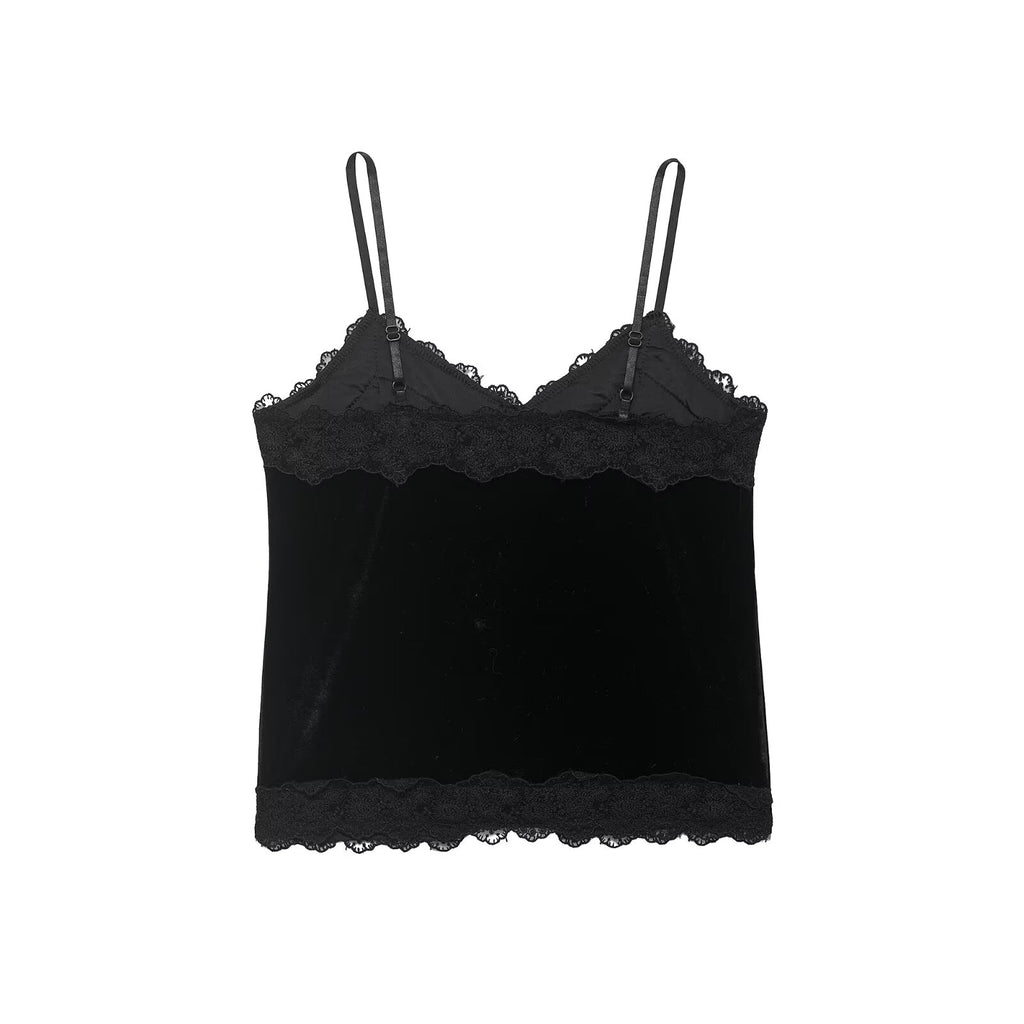 Popular Black Lace Stitching Velvet Spaghetti Straps Vest Top