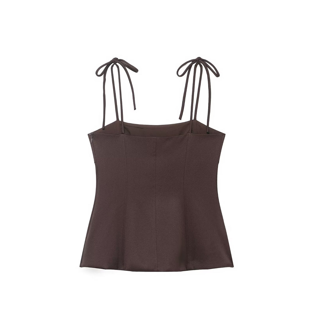 Casual Lace Up Decorative Coffee Color Bow Straight Collar