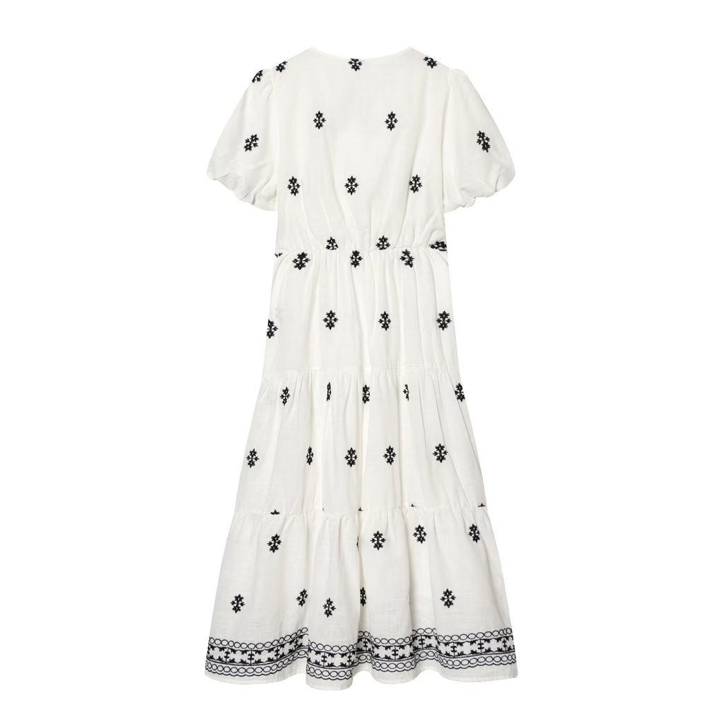Women's White Embroidered Puff-Sleeve Vacation Dress