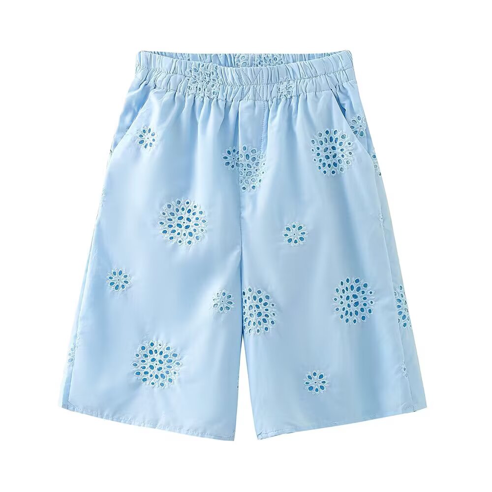 Hollow Out Cutout Embroidered Long-Sleeve Shirt Elastic Waist Shorts Suit