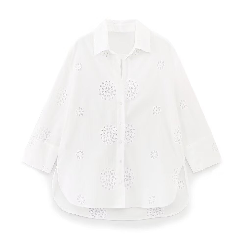 Hollow Out Cutout Embroidered Long-Sleeve Shirt Elastic Waist Shorts Suit