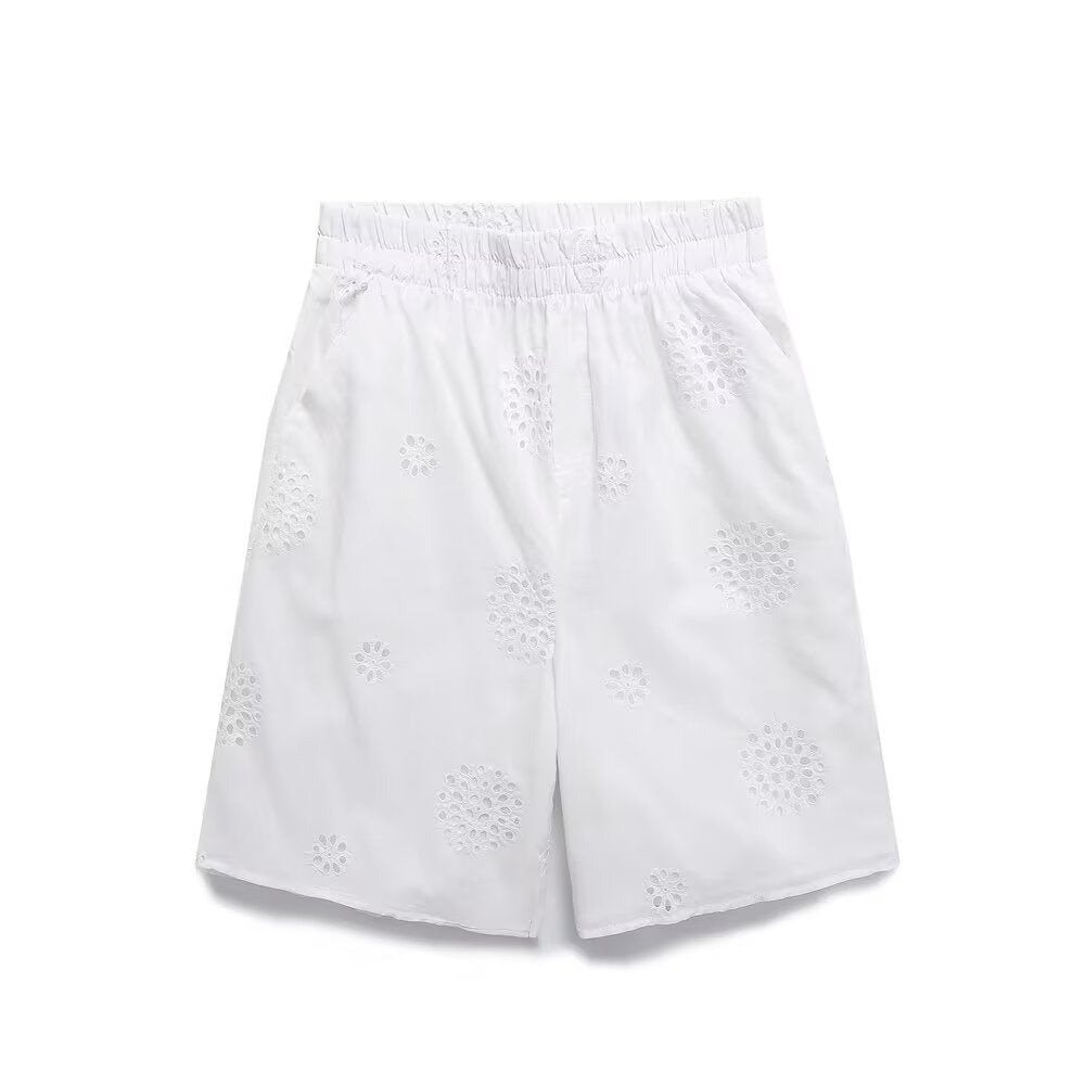 Hollow Out Cutout Embroidered Long-Sleeve Shirt Elastic Waist Shorts Suit