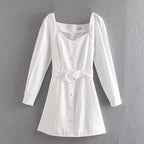 Belted V-Neck Long-Sleeve Mini Dress