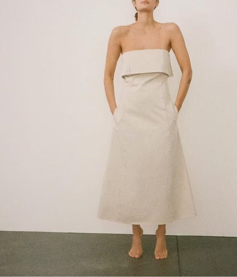 Strapless Cotton Pocket Midi Dress
