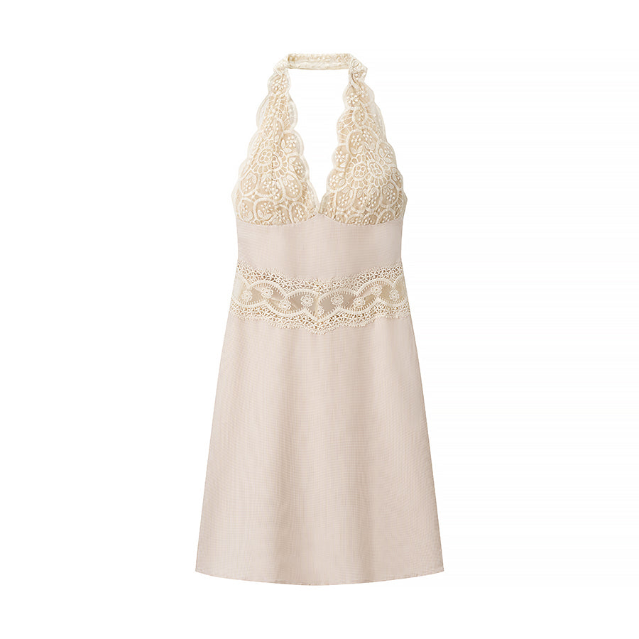 Houndstooth Lace Stitching Hanging Collar Dress