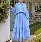 Women's Autumn Lace Applique Long Shirt and Skirt Two-Piece Set