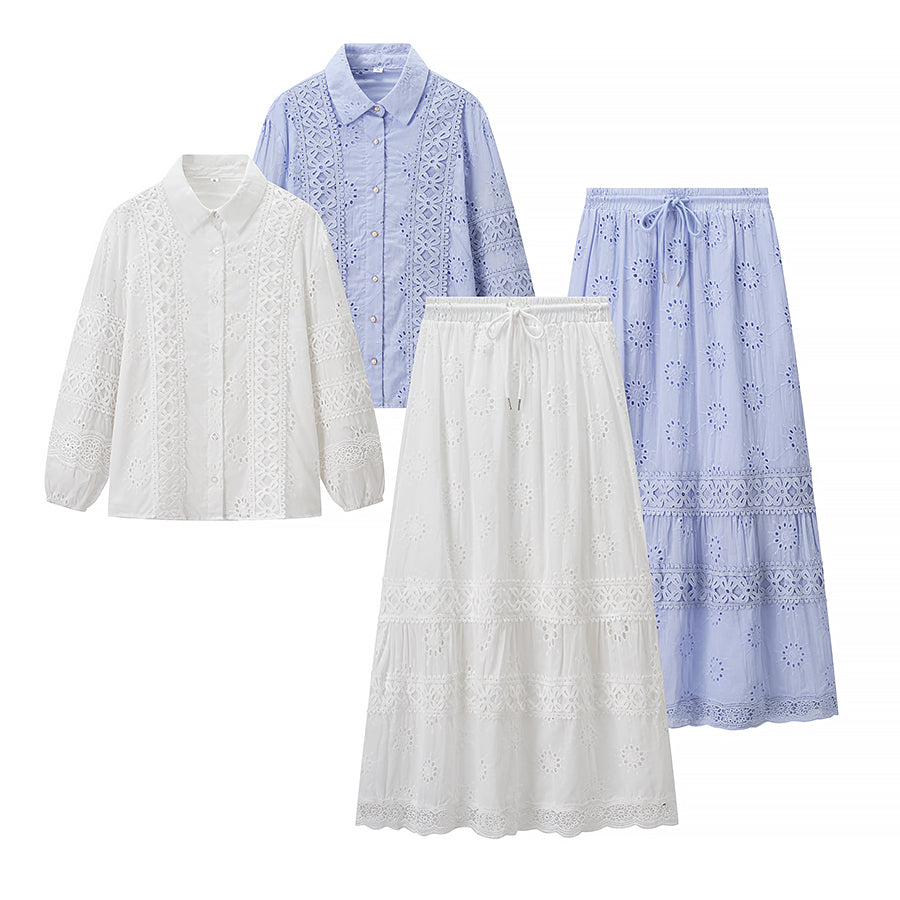 Women's Autumn Lace Applique Long Shirt and Skirt Two-Piece Set