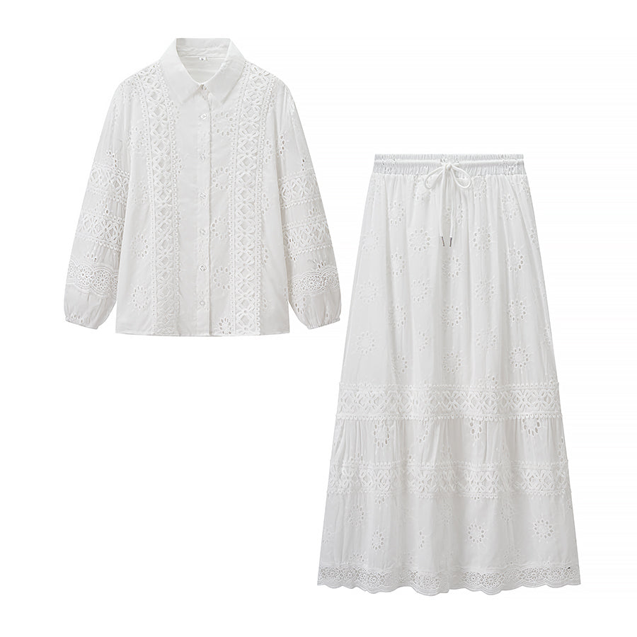 Women's Autumn Lace Applique Long Shirt and Skirt Two-Piece Set