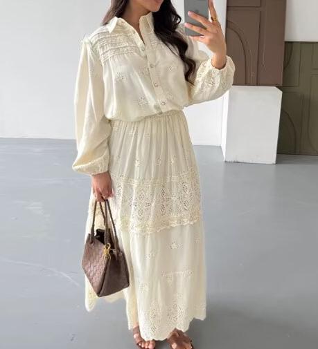 Women's Autumn Hollow Out Cutout Shirt and Skirt Two-Piece Set