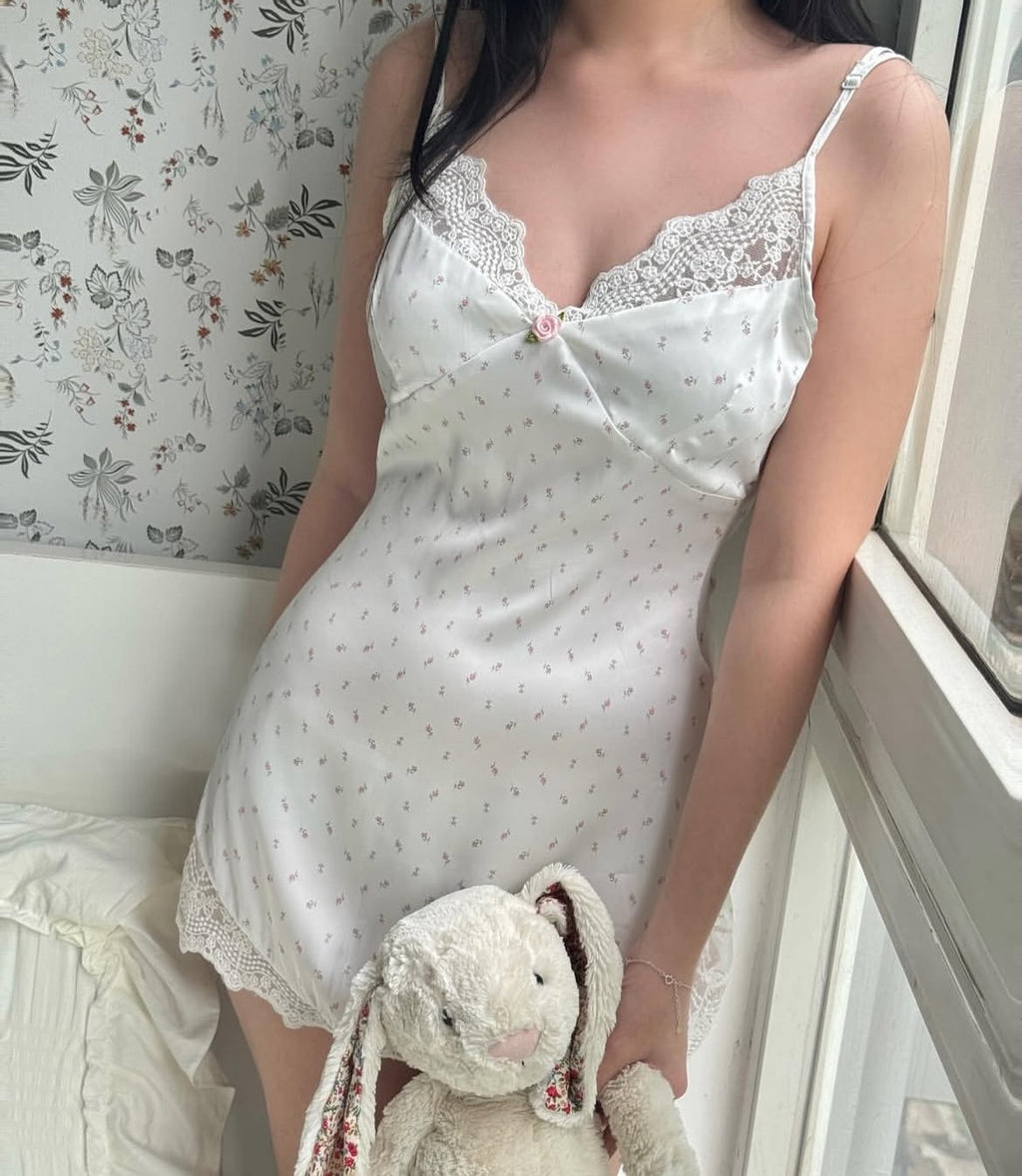Women's Lace Stitching Three Dimensional Small Floral Satin Printing Slip Dr