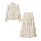 Women's Autumn Hollow Out Cutout Shirt and Skirt Two-Piece Set