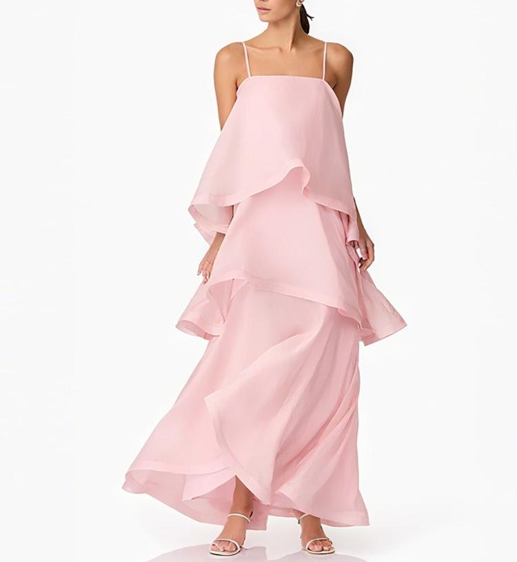 Pink Layered Ruffled Spaghetti-Strap Dress
