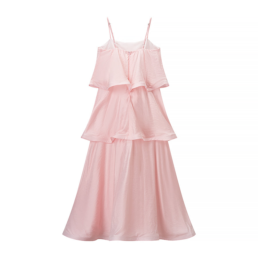 Pink Layered Ruffled Spaghetti-Strap Dress