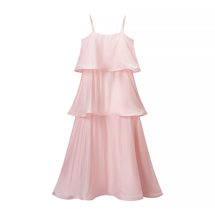 Pink Layered Ruffled Spaghetti-Strap Dress