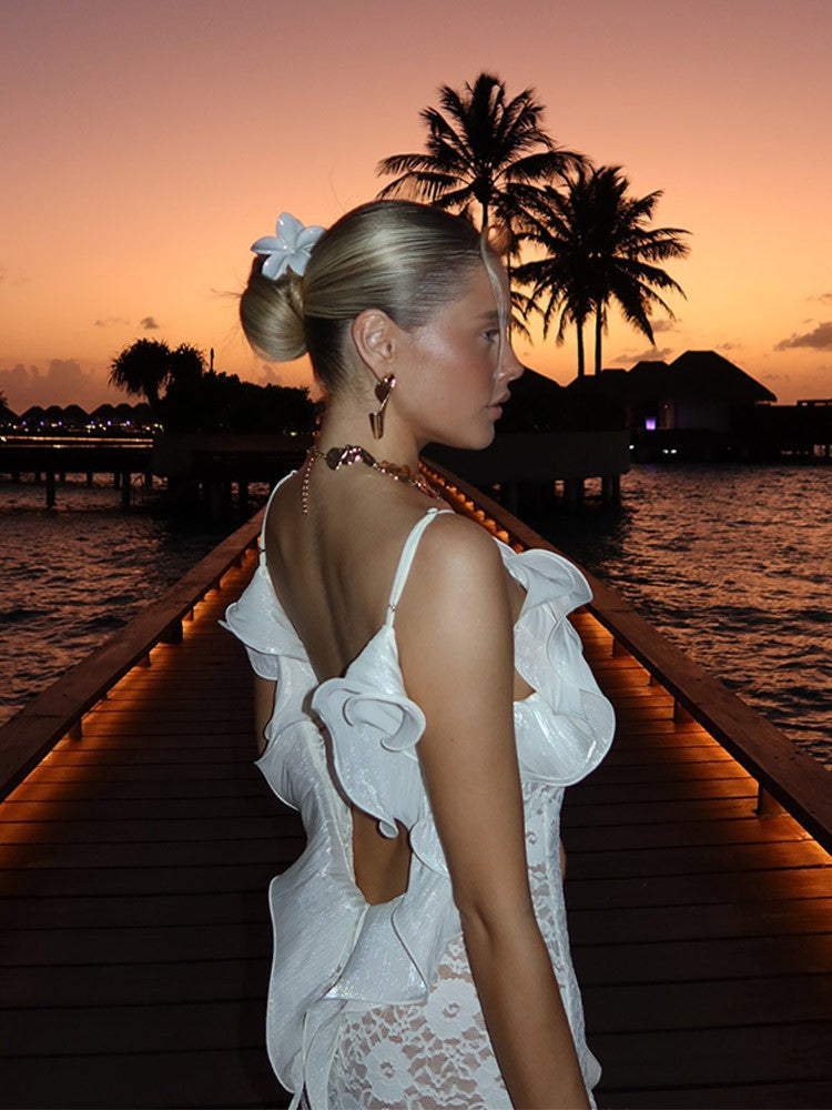 Backless Ruffled Cami Slit Evening Maxi Dress