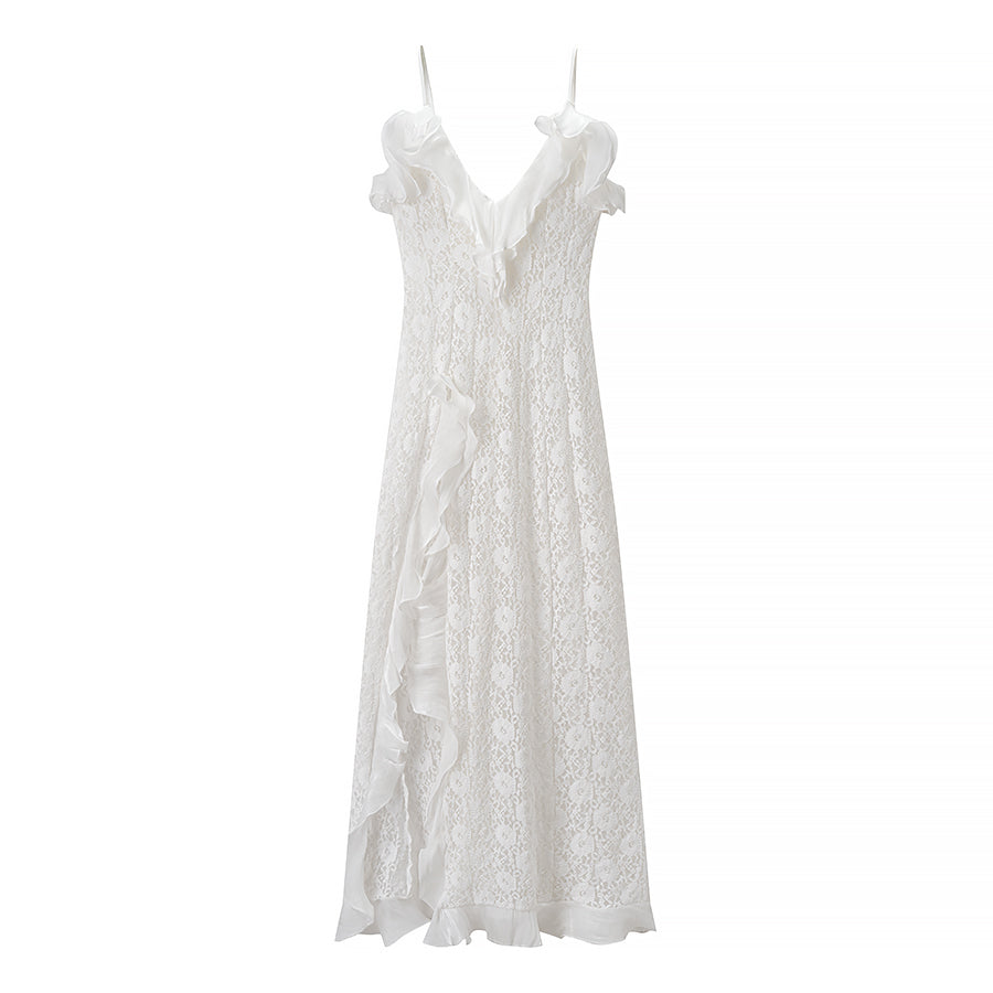 Backless Ruffled Cami Slit Evening Maxi Dress