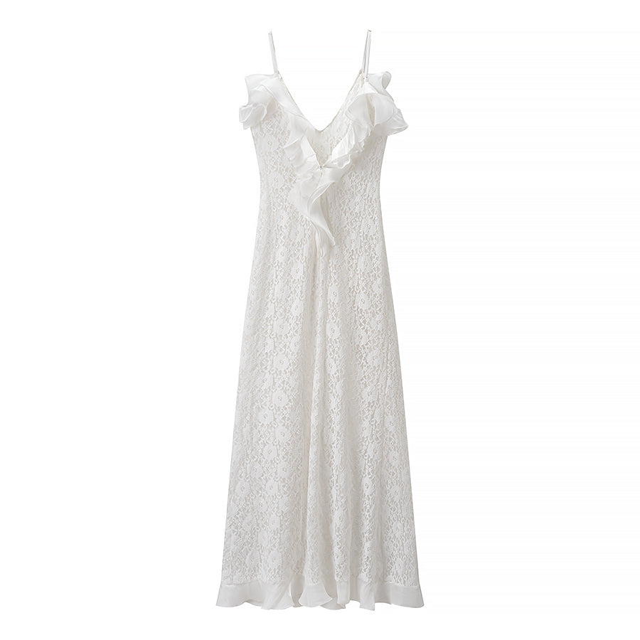 Backless Ruffled Cami Slit Evening Maxi Dress