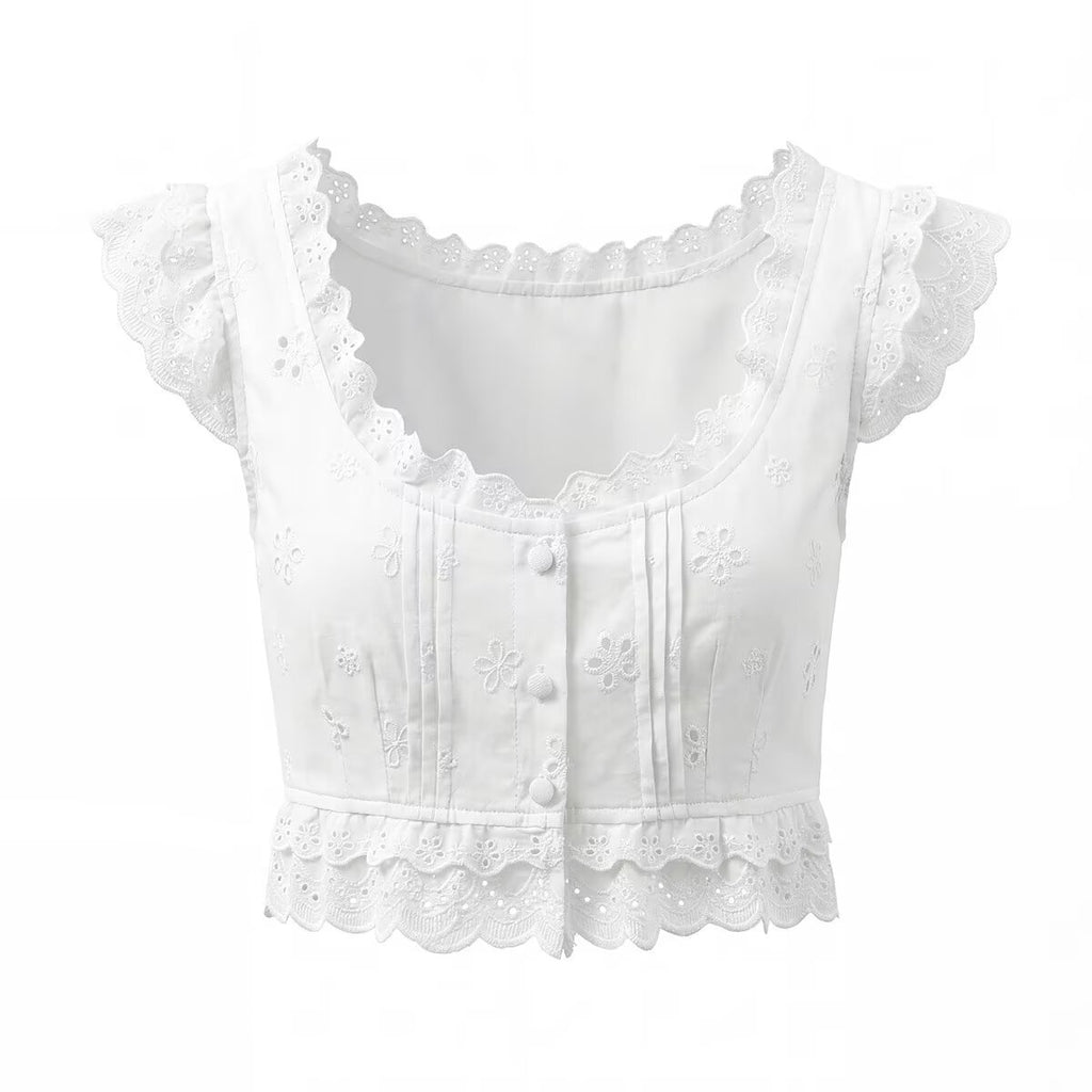Women's Lace Collar Embroidery Hollow Top and Skirt Two-Piece Set
