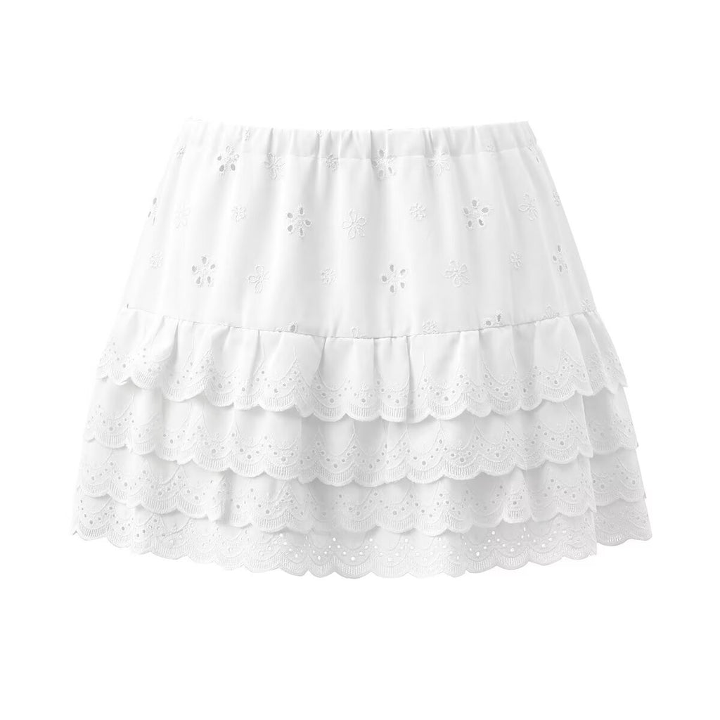 Women's Lace Collar Embroidery Hollow Top and Skirt Two-Piece Set