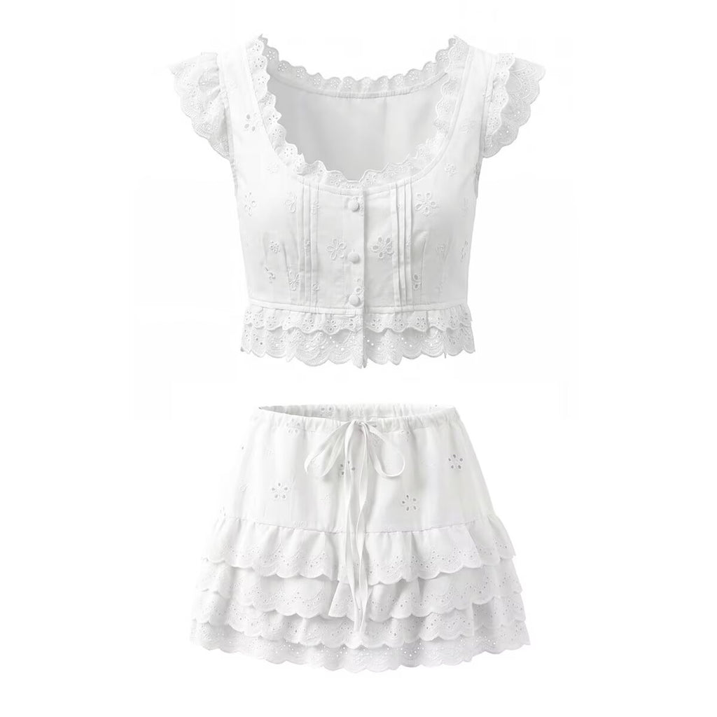 Women's Lace Collar Embroidery Hollow Top and Skirt Two-Piece Set