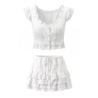 Women's Lace Collar Embroidery Hollow Top and Skirt Two-Piece Set