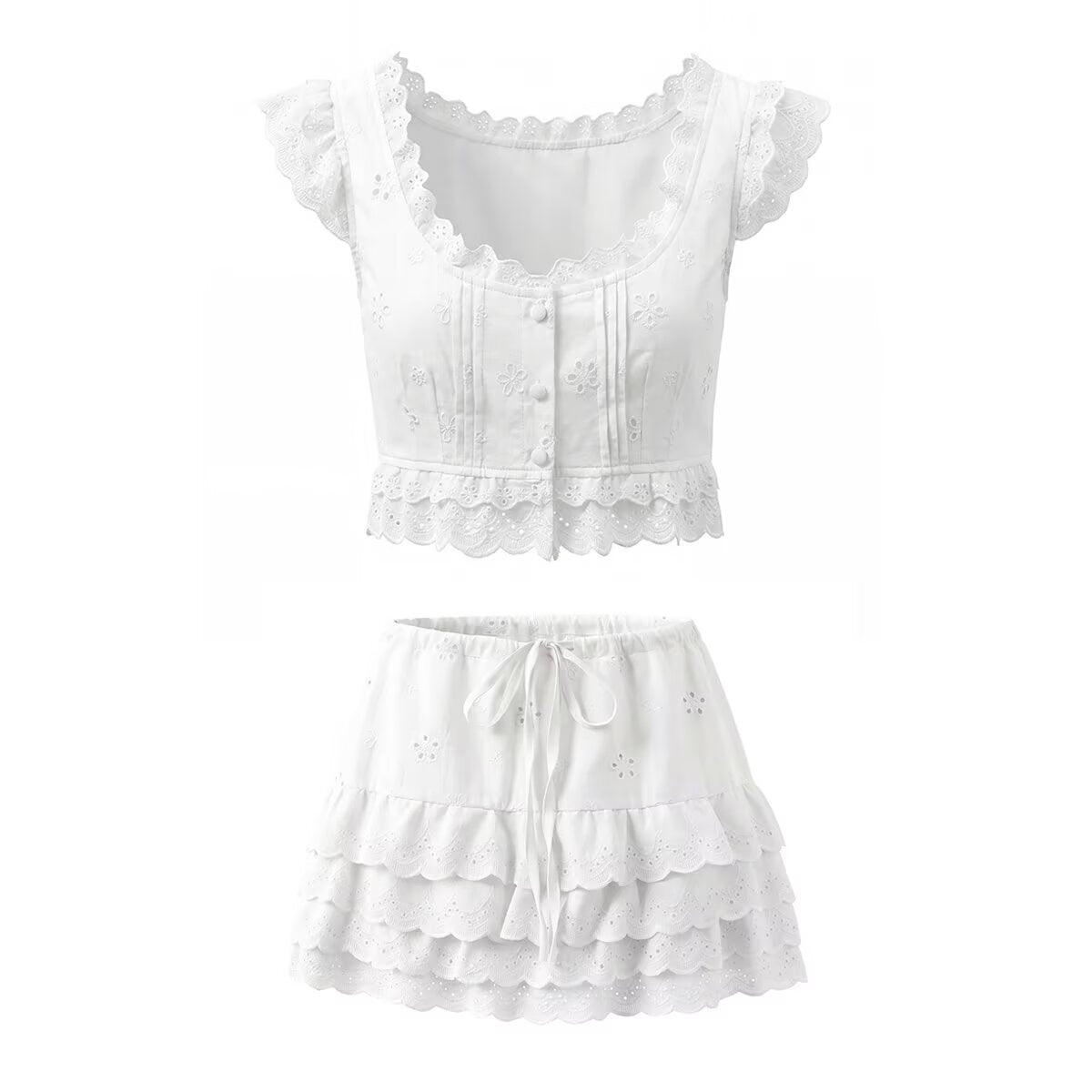 Women's Lace Collar Embroidery Hollow Top and Skirt Two-Piece Set