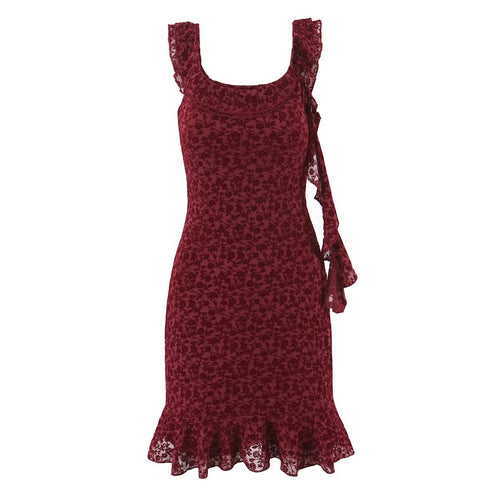 Sexy Cute Deep V Plunge neck Bow Flocked Printed Tight Waist A line Dress Ruffled Sexy Dress