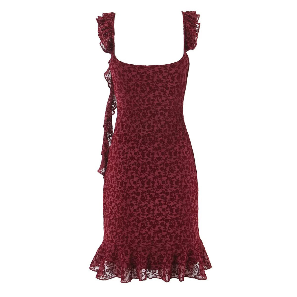 Women's Cute Deep V Plunge Neck Bow Flocked Printed Tight Dress