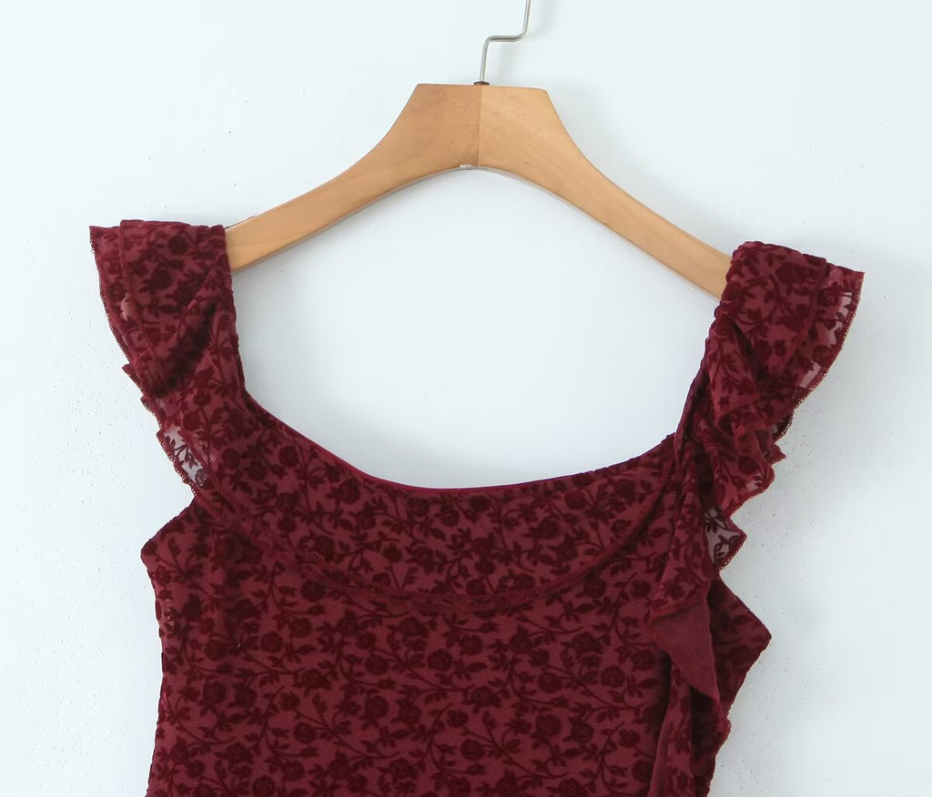 Women's Cute Deep V Plunge Neck Bow Flocked Printed Tight Dress