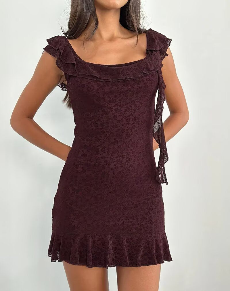 Women's Cute Deep V Plunge Neck Bow Flocked Printed Tight Dress