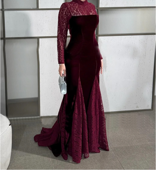 Velvet Lace-Trim Long-Sleeve Maxi Dress