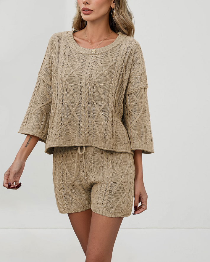 Spring Summer Casual Twist Solid Color Round Neck Sweaters Shorts Two-Piece Sets Clothing