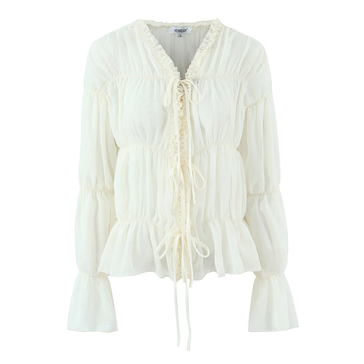Women's Gentle Pleated Lace Up Chiffon Shirt Women Spring Loose Long Sleeve V Neck Ruffled Chic Top