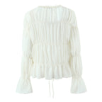 Women's Gentle Pleated Lace Up Chiffon Shirt Women Spring Loose Long Sleeve V Neck Ruffled Chic Top