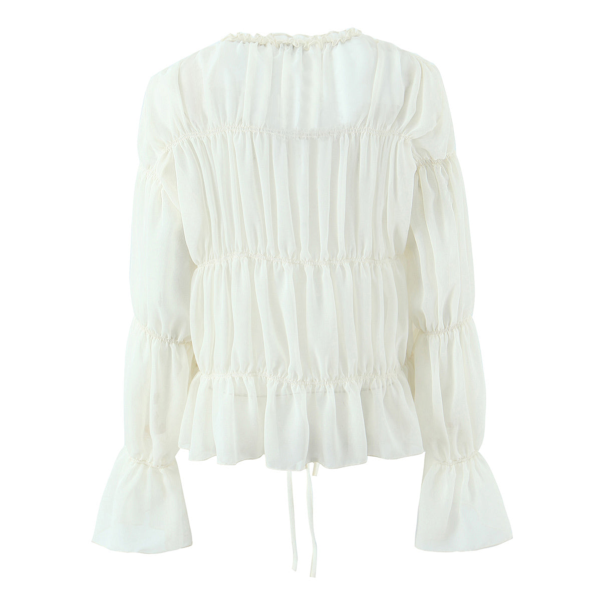 Women's Gentle Pleated Lace Up Chiffon Shirt Women Spring Loose Long Sleeve V Neck Ruffled Chic Top