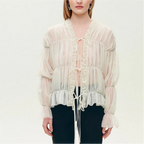 Women's Gentle Pleated Lace Up Chiffon Shirt Women Spring Loose Long Sleeve V Neck Ruffled Chic Top