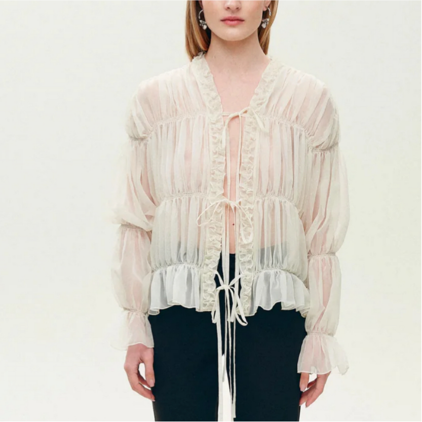 Women's Gentle Pleated Lace Up Chiffon Shirt Women Spring Loose Long Sleeve V Neck Ruffled Chic Top