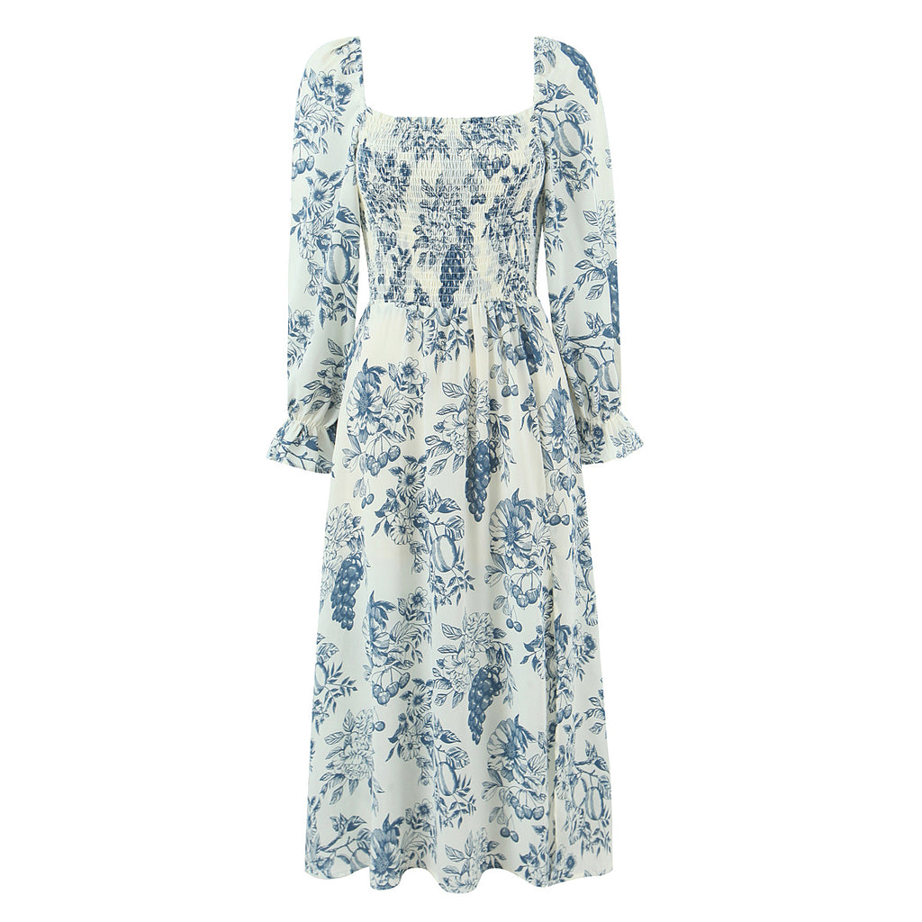 's Early Spring Square Collar Side Slit Ninth Sleeve Dress
