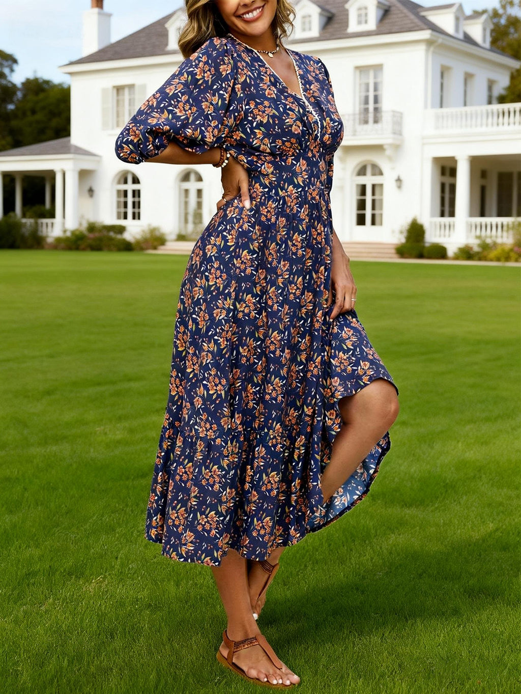 Women's Lace-Trim Floral V-Neck Midi Dress