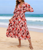 Women's Women's's Printed Batwing Sleeve Adjustable Drawstring Waist Belt Fringed Dress