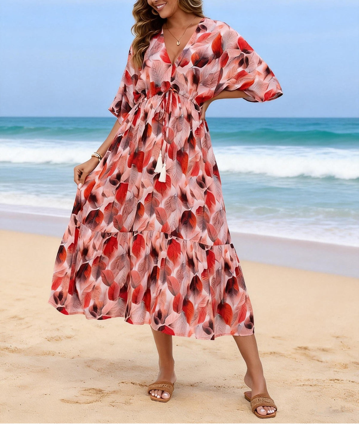 Women's Women's's Printed Batwing Sleeve Adjustable Drawstring Waist Belt Fringed Dress