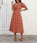 Women's Rust Floral Square-Neck Ruffle Vacation Dress
