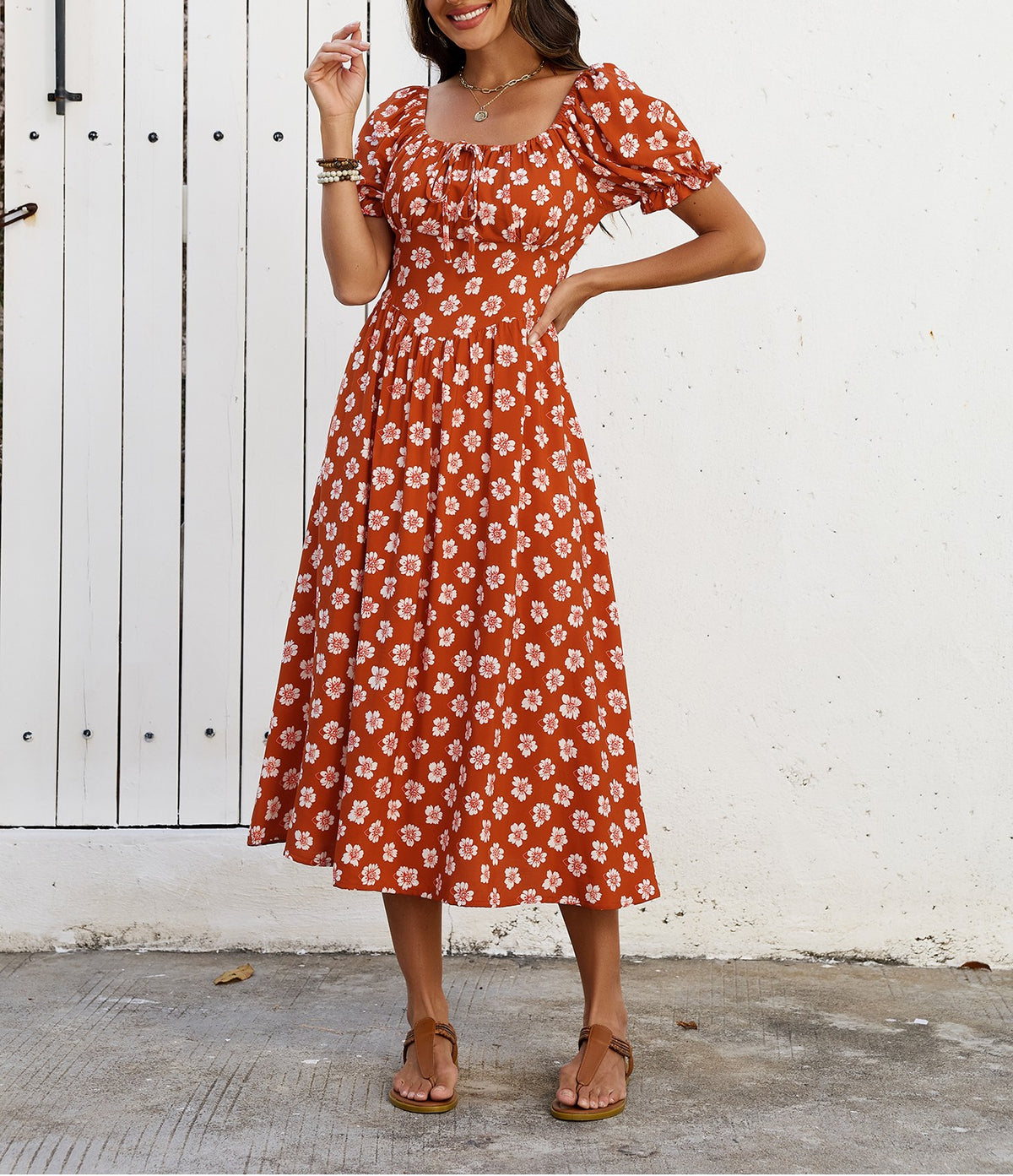 Women's Rust Floral Square-Neck Ruffle Vacation Dress
