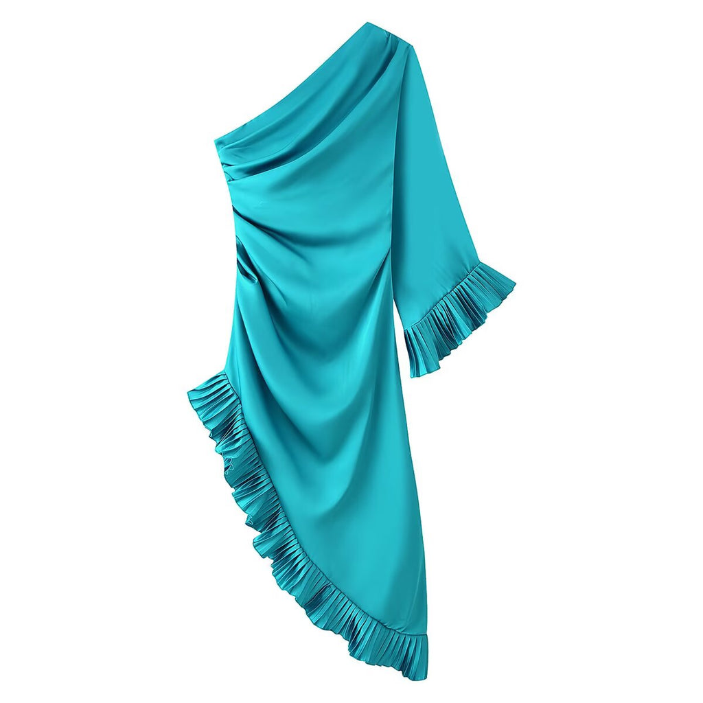Satin One-Shoulder Ruffle Maxi Dress