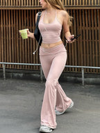 Women's Spring Sexy Cropped Halterneck Vest Slim High Waist Bootcut Pants Set