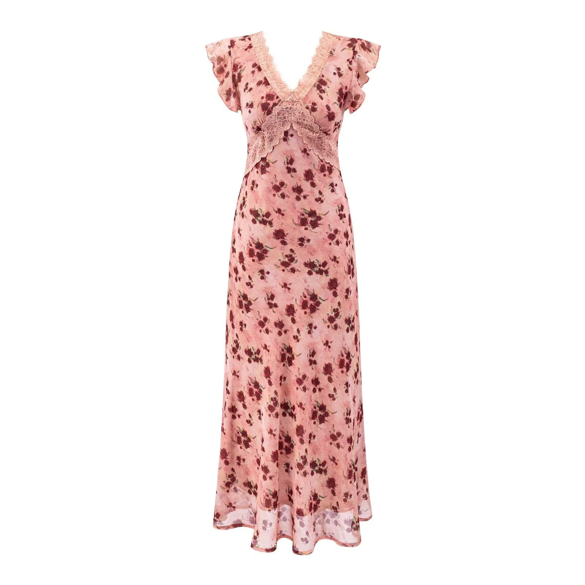 Women's Rose Floral Lace Ruffle A-Line Maxi Dress