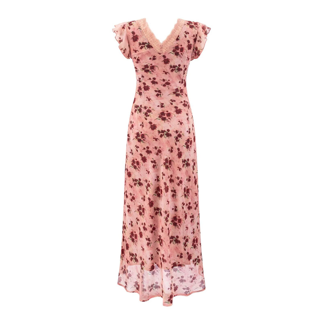 Women's Rose Floral Lace Ruffle A-Line Maxi Dress