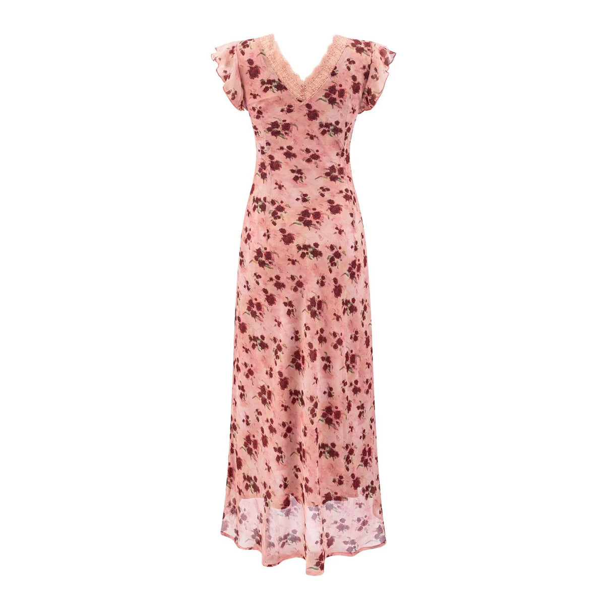 Women's Rose Floral Lace Ruffle A-Line Maxi Dress