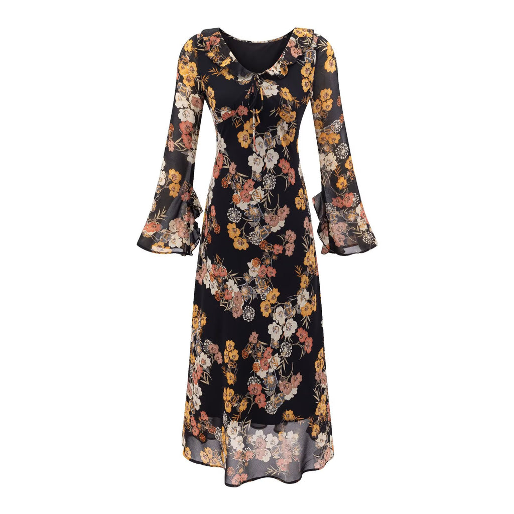 Women's Floral V-Neck Bell Sleeve Ruffled Maxi Dress