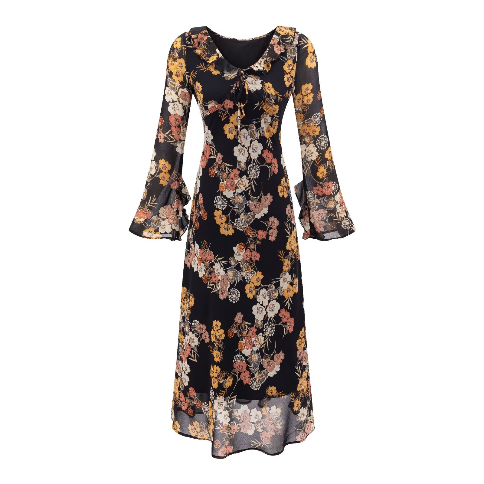 Women's Floral V-Neck Bell Sleeve Ruffled Maxi Dress